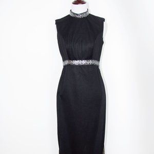 Vtg 70s Goddess Maxi Long Black Grecian Dress Metallic Thigh-High Slits Small